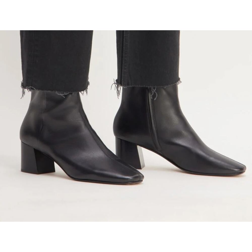 Everlane The Day Boot black Leather size 10.5 Side Zip Ankle Bootie Square Toe